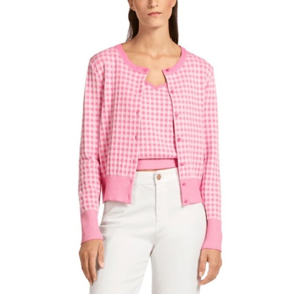 Marc Cain Pink White Gingham Cardigan Knit Sweater Women's Size US 10 (N4)